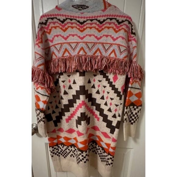 Anthropologie THML Aztec Fringe Southwestern Cardigan Tunic Length Sweater XS - Picture 6 of 7